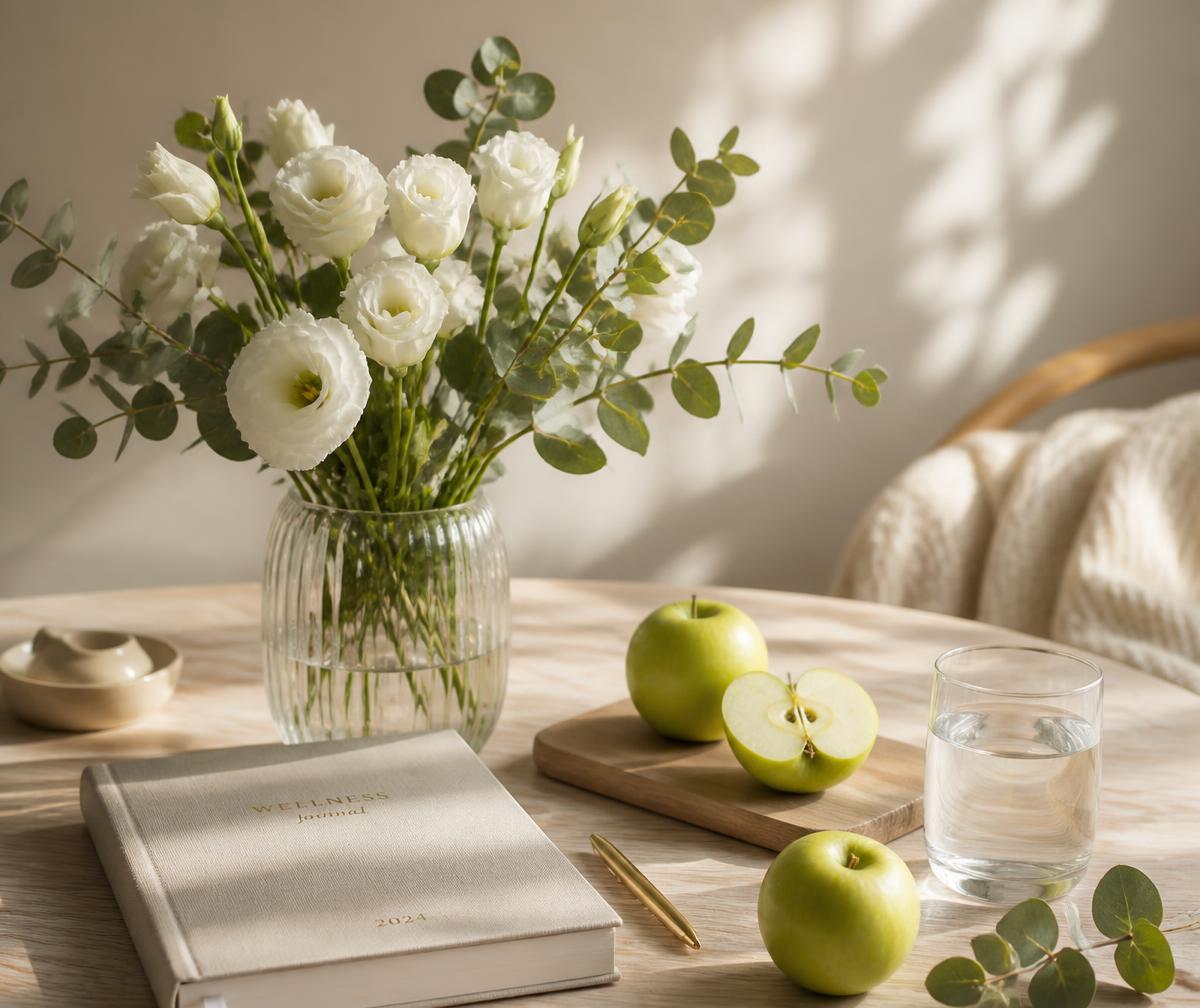 Wellness journal, fresh apples and flowers on a sunlit table